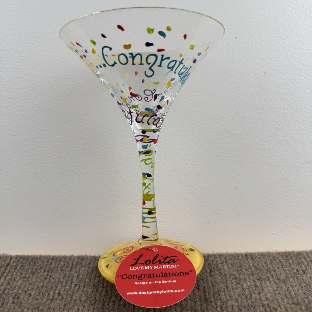 Lolita Martini Glass "Congratulations" Cocktail Art Hand-Painted Glassware Boxed